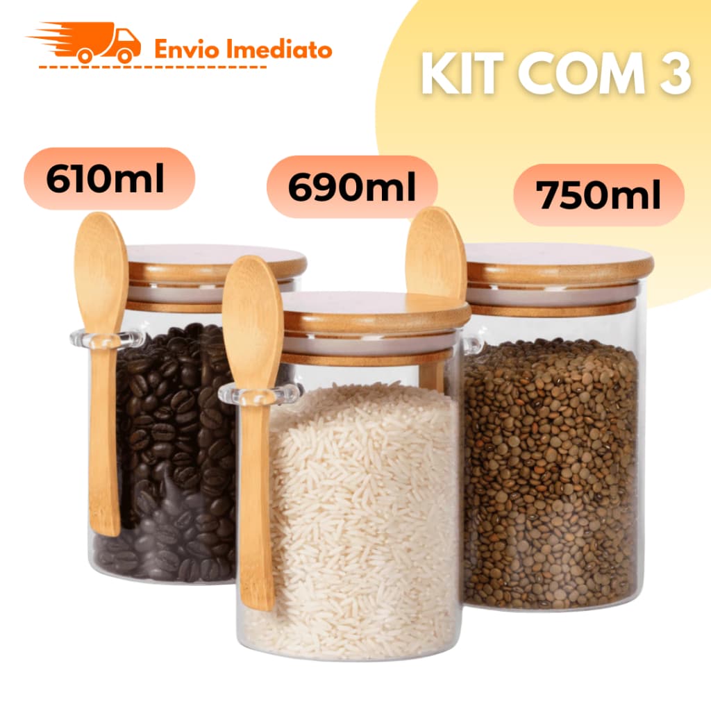 Pote Vidro com Tampa Colher Bambu 3 Tamanhos Armazene Temperos e Alimentos Moderno Imediato