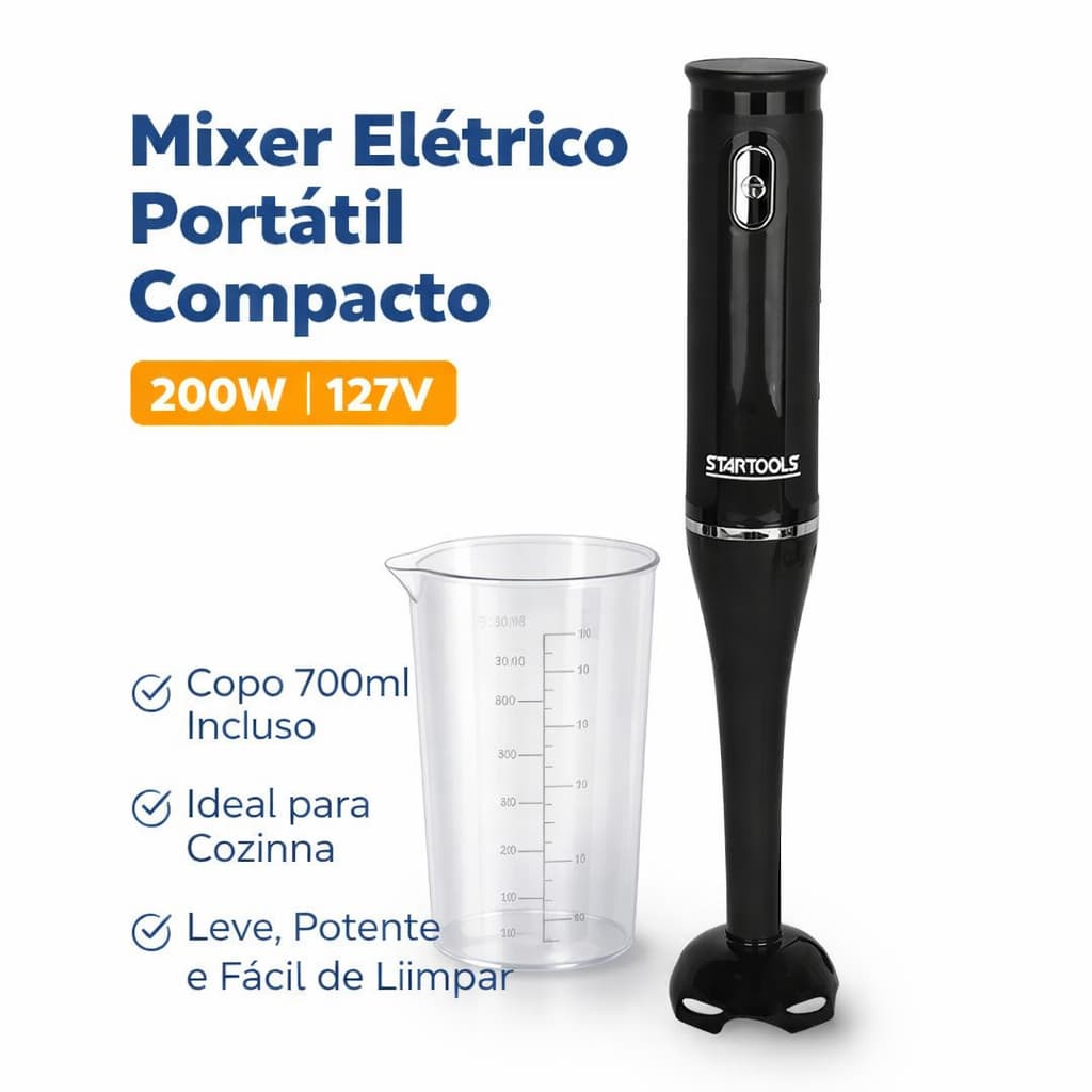 Mixer Elétrico 200W 127V com Copo 700ml Portátil Compacto Cozinha