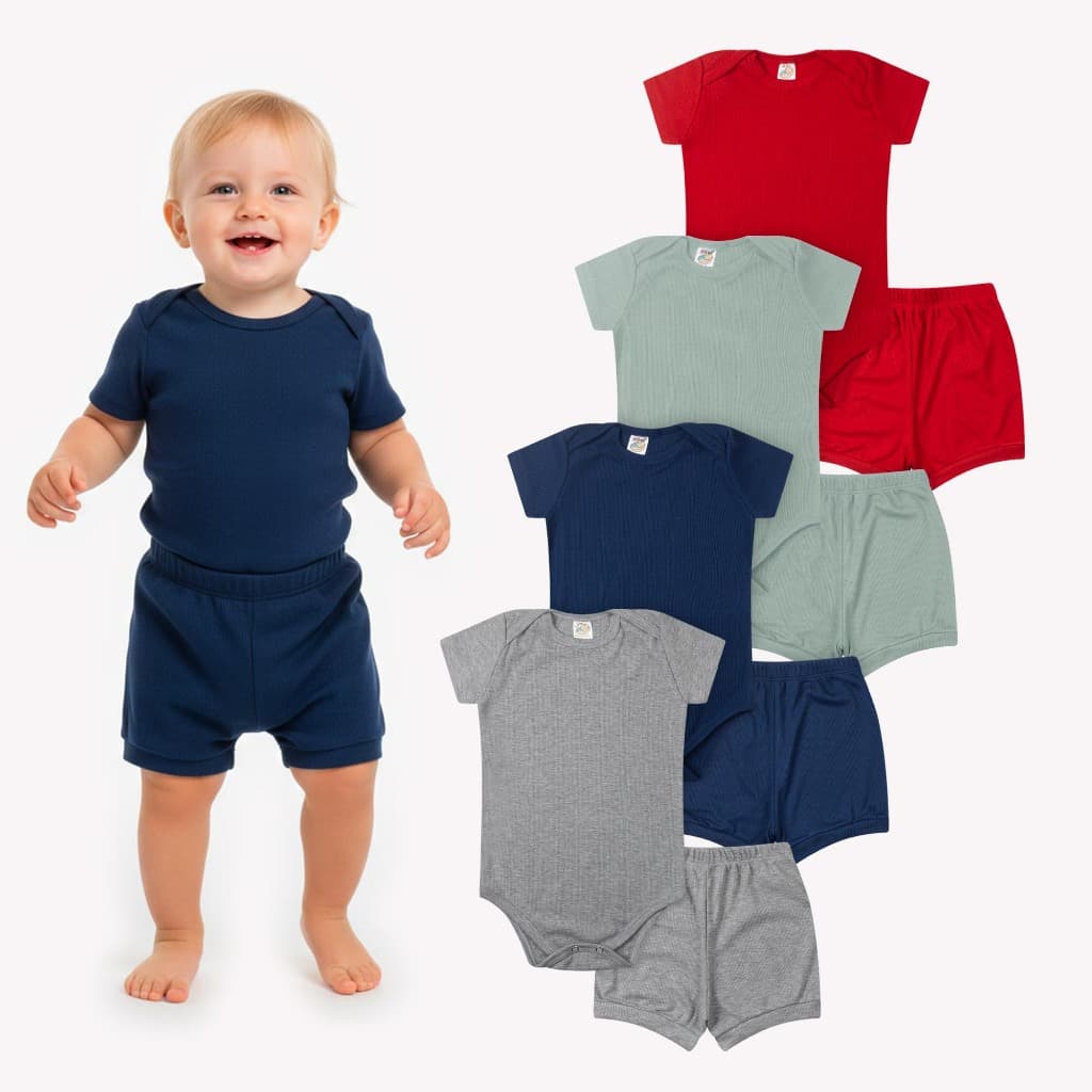 Conjunto Body Bebê Manga Curta Canelado Infantil Verão Manga Curta Short Masculino P ao 3 Anos