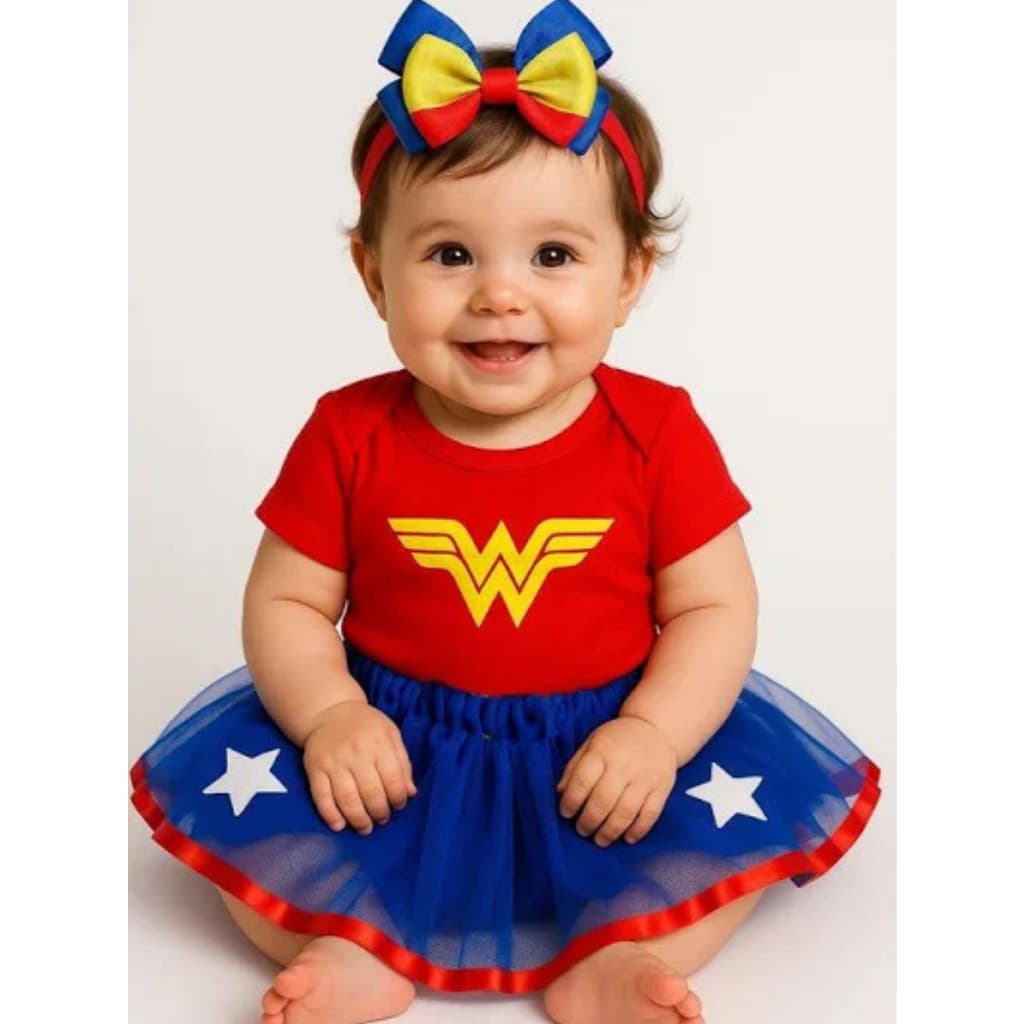 Body Temático Mesversário bebê menina - Mulher Maravilha