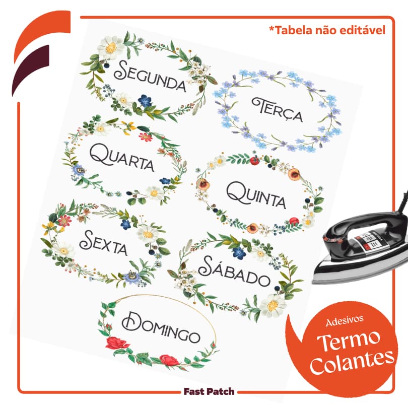 Aplique Termocolante Dias da Semana DTF Têxtil Pano de Prato Tecidos e Roupas