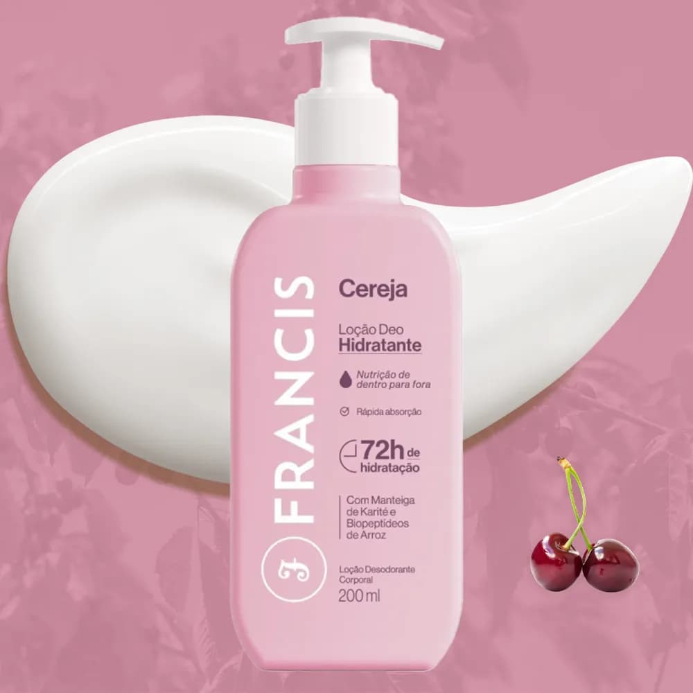 Loção Corporal Francis Cereja 200ml Deo Creme Hidratante 72h de Hidratação Com Manteiga de Karité
