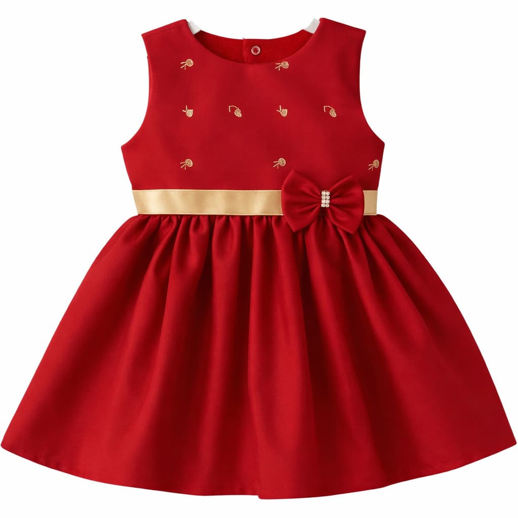 Vestido Infantil com Bordado Laço Dourado Vestidinho Retrô Luxo E Elegante Para Festas Natal Eventos Especiais