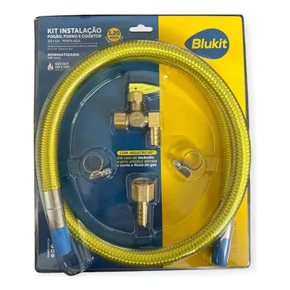 Blukit Kit Instalação Cooktop Fogão Forno Com Flexivel de 1,20m Ponta Azul e Registro de Bloqueio180309