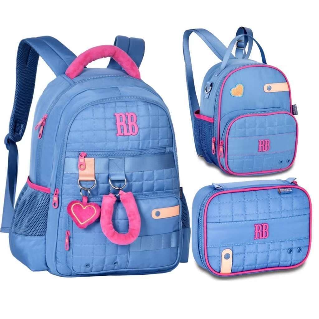 Kit Rebecca Bonbon Costas Rosa Roxa ou Azul Com Chaveiro De Pelinho -Mochila+estojo+lancheira-