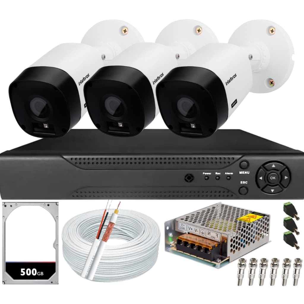 Kit CFTV 3 Câmeras Intelbras 1120b Hd Dvr De 04 Canais Alta Performance Acompanha Hd 500gb No Dvr
