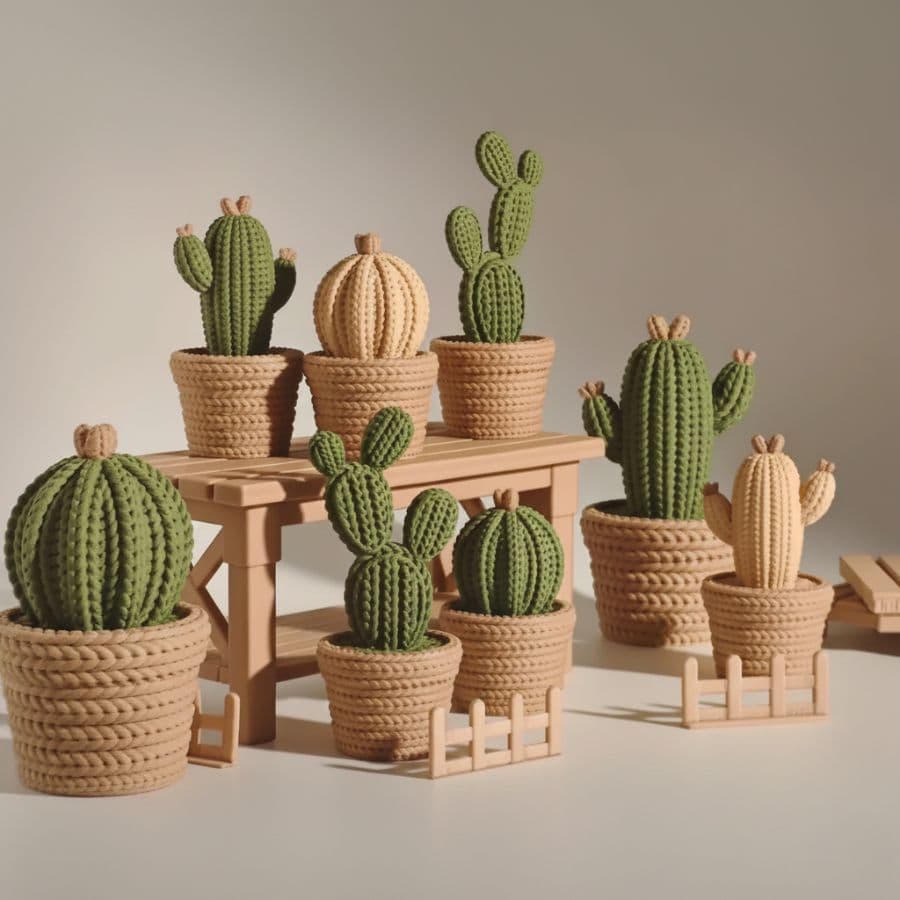 Kit 2 Cactos Decorativos 3D Vaso Tricô – Minimalismo para Sala