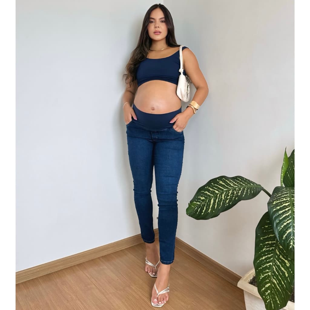 Calça Cigarrete Jeans Gestante Cós Elástico Anatômico Maternidade Confortável