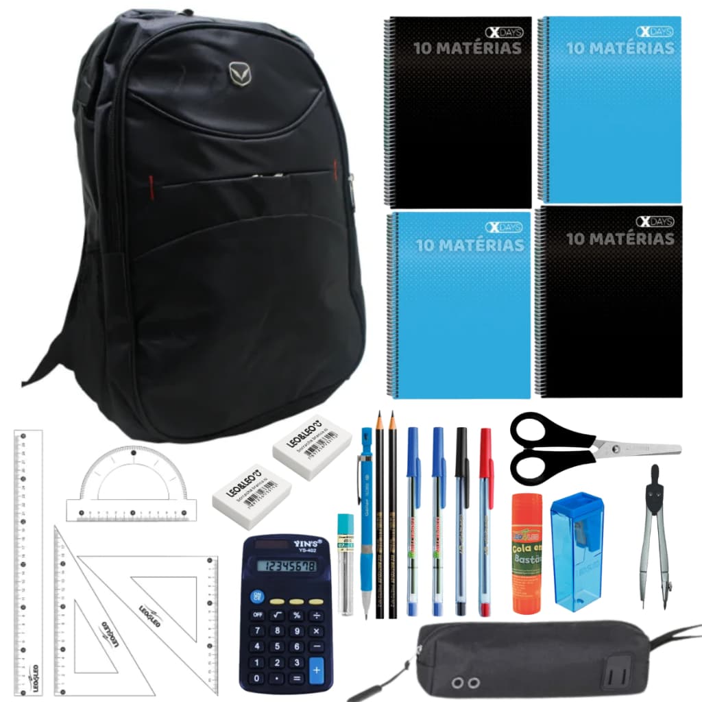 Kit mochila  + 04 Cadernos volta as aulas material escolar 10 matérias acessórios adolecente ensino médio