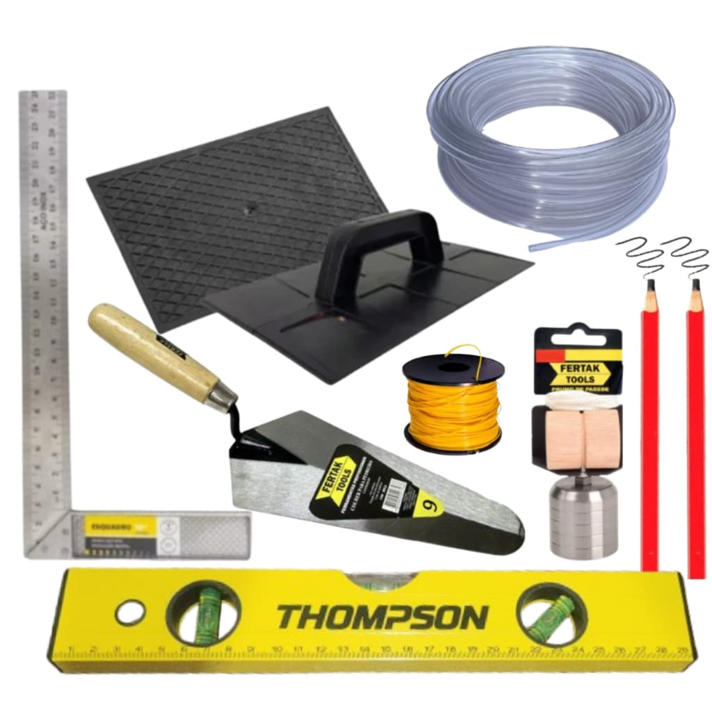 Kit Ferramentas Pedreiro Essencial Colher, Nível, Prumo, Linha, Esquadro Alumínio, Desempenadeira, Mangueira, 2Lápis 9pç