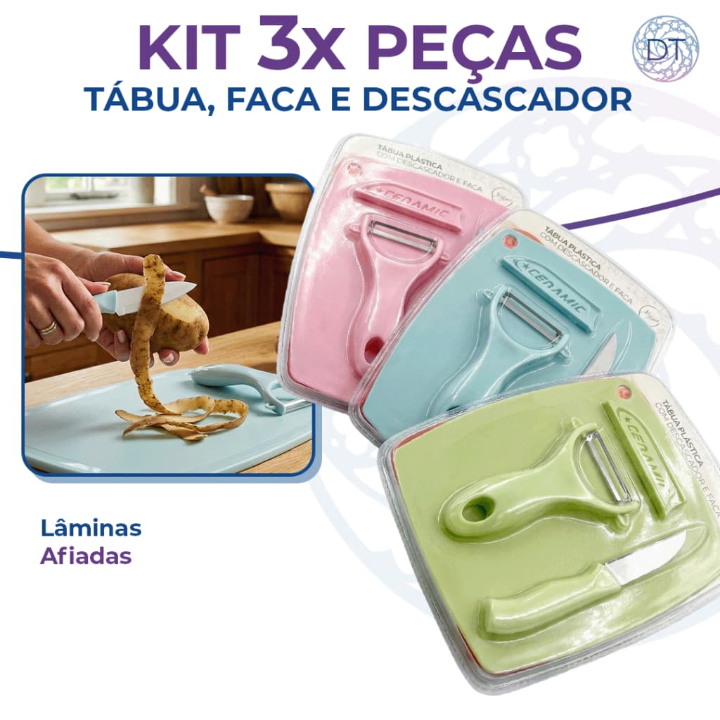 Kit Tábua Faca e Descascador 3 Peças | Cozinha Prática, Compacta e Moderna – Diversas Cores