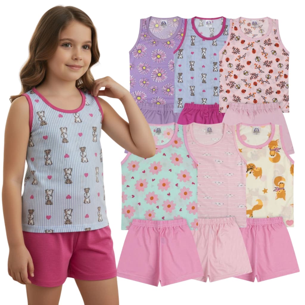 Kit ate 6 Pijamas Curto regata Bebe ao juvenil Feminino Menina Conforto e Estilo