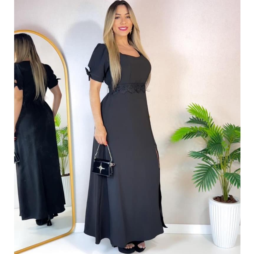 vestido longo femenino versatil forrado com decote detalhe na fren