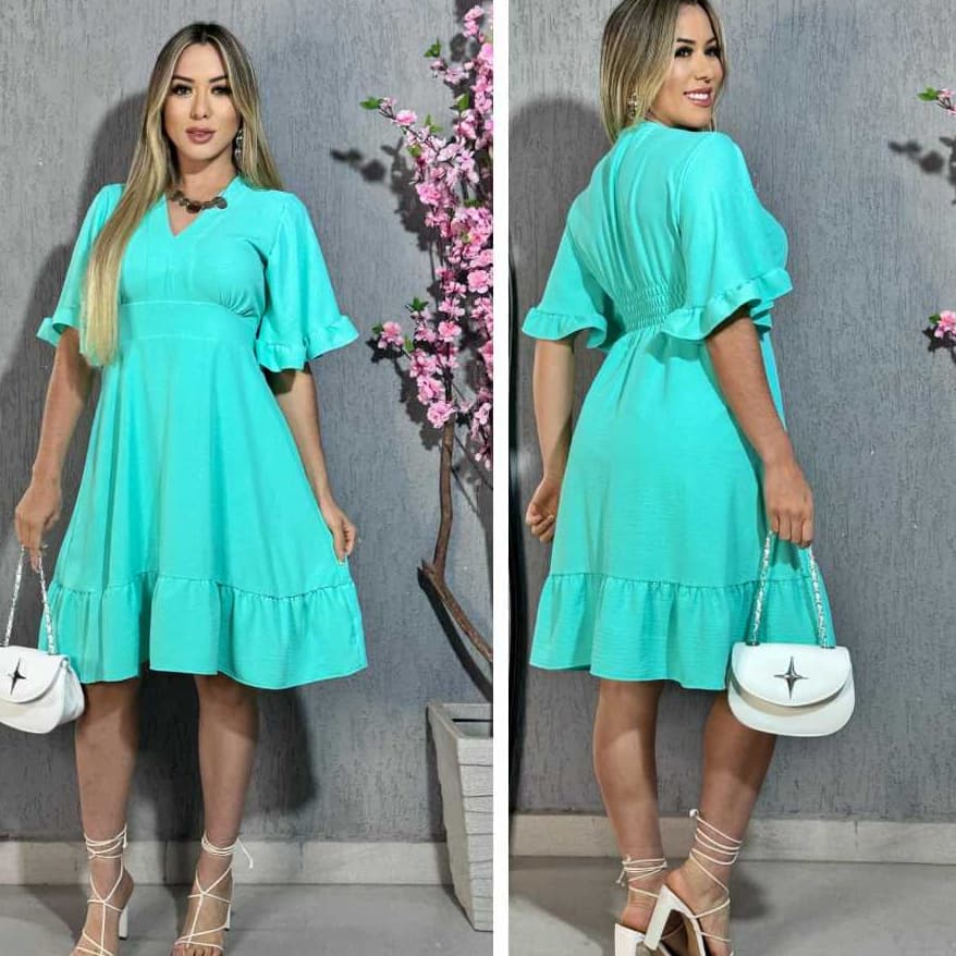 Vestido Curto  Com Babado Na Manga ,Gola V,Elastex nas Costas