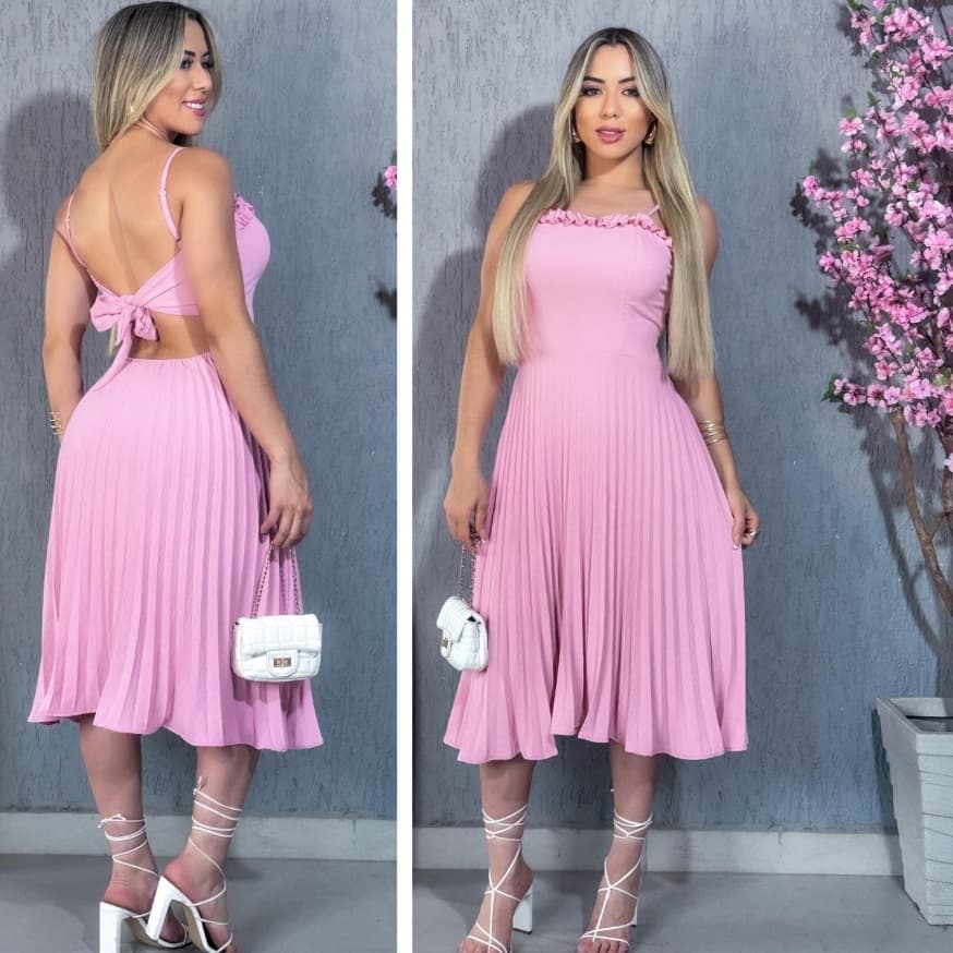 Vestidos Feminino Midi Plissado Alcinha Cola Quadada Look Elegante com bojo