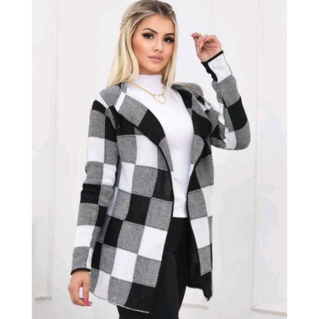 Casaco Sobretudo Xadrez Feminino Cardigan Kimono de Tricot Manga Longa Lançamento Moda Inverno
