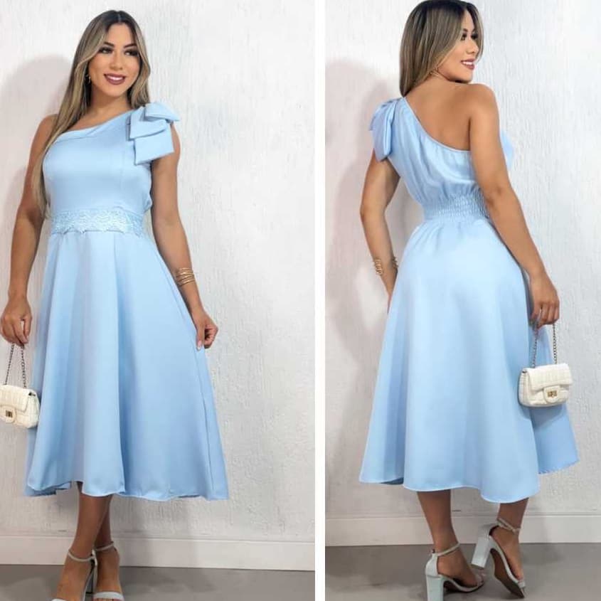 Vestido Midi Alfaiataria, mula manca Com Forro, elastex na cintura e detalhe de Renda na frente