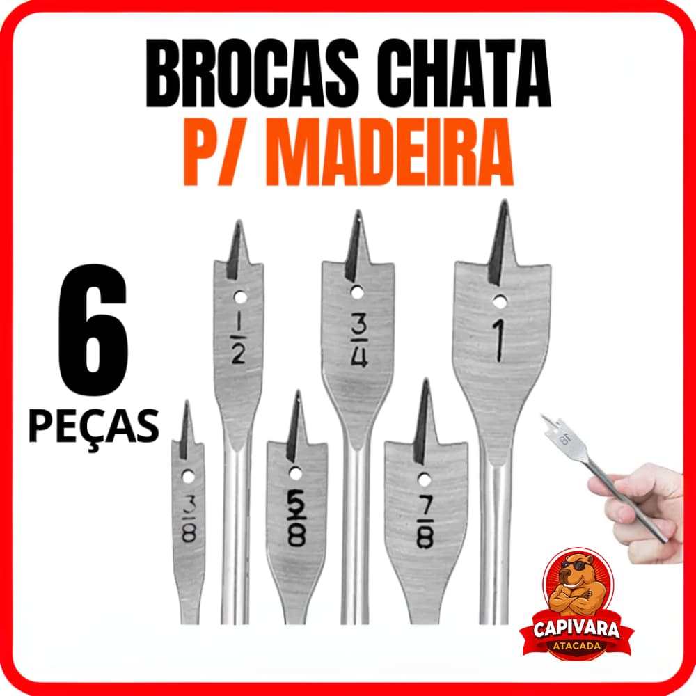 Jogo de Broca Chata para Madeira com 6 Kit Brocas Chata Madeira Furos Rápidos e Limpos Marcenaria Móveis varias medidas