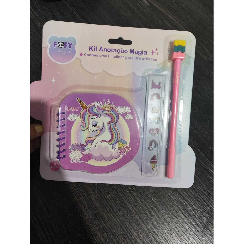 : Kit Anotação Magia FOFY Magia  3 Peças – Caderninho + adesivos + Caneta Fineliner Unicórnio
