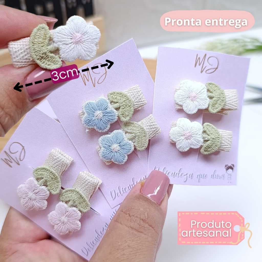 PAR DE MINI PRESILHAS Bebê Bico de Pato 3,5cm Flor Forrada Cabelo Infantil Menina Recém-nascido RN BEBE