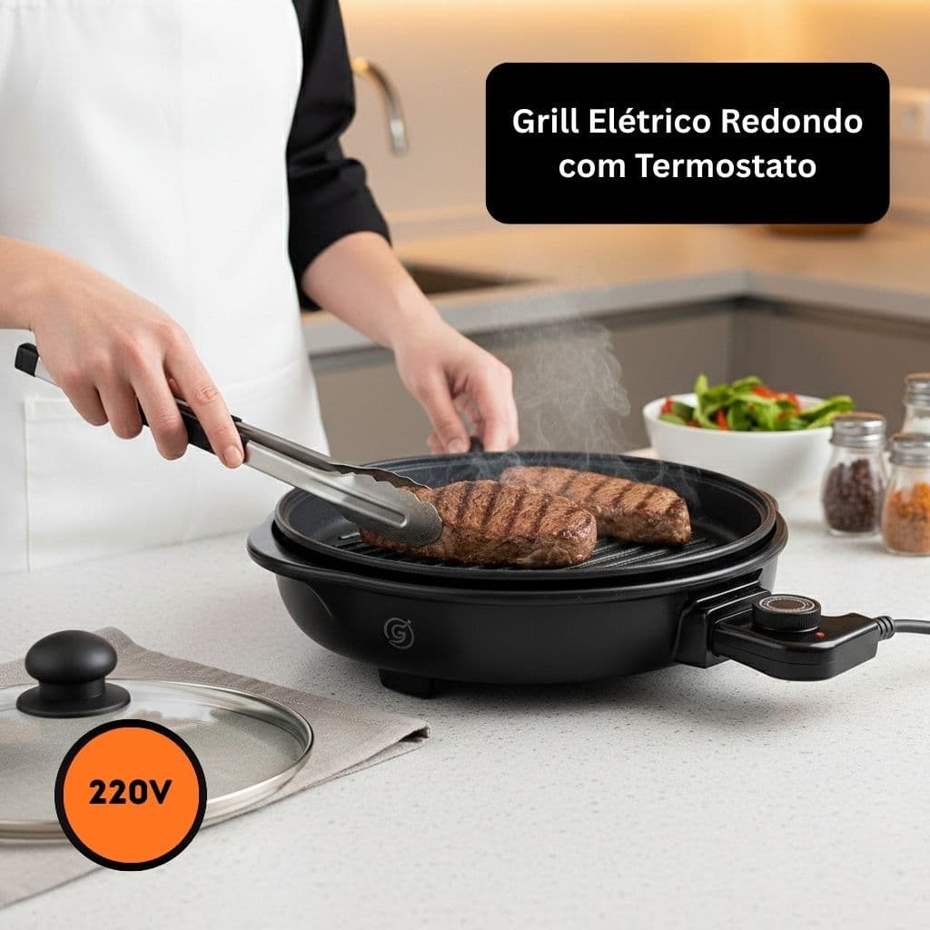 Grill Elétrico Churrasqueira 220V Redondo Antiaderente Termostato Cozinha Sem Fumaça Grelha