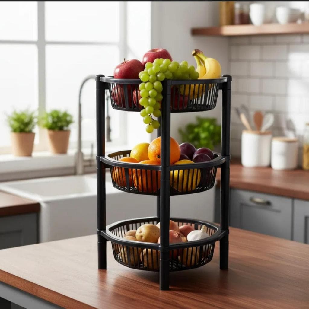 Fruteira  Organizadora Multiuso Vertical 3 Andares Redondo Preto - Design Compacto e Versátil