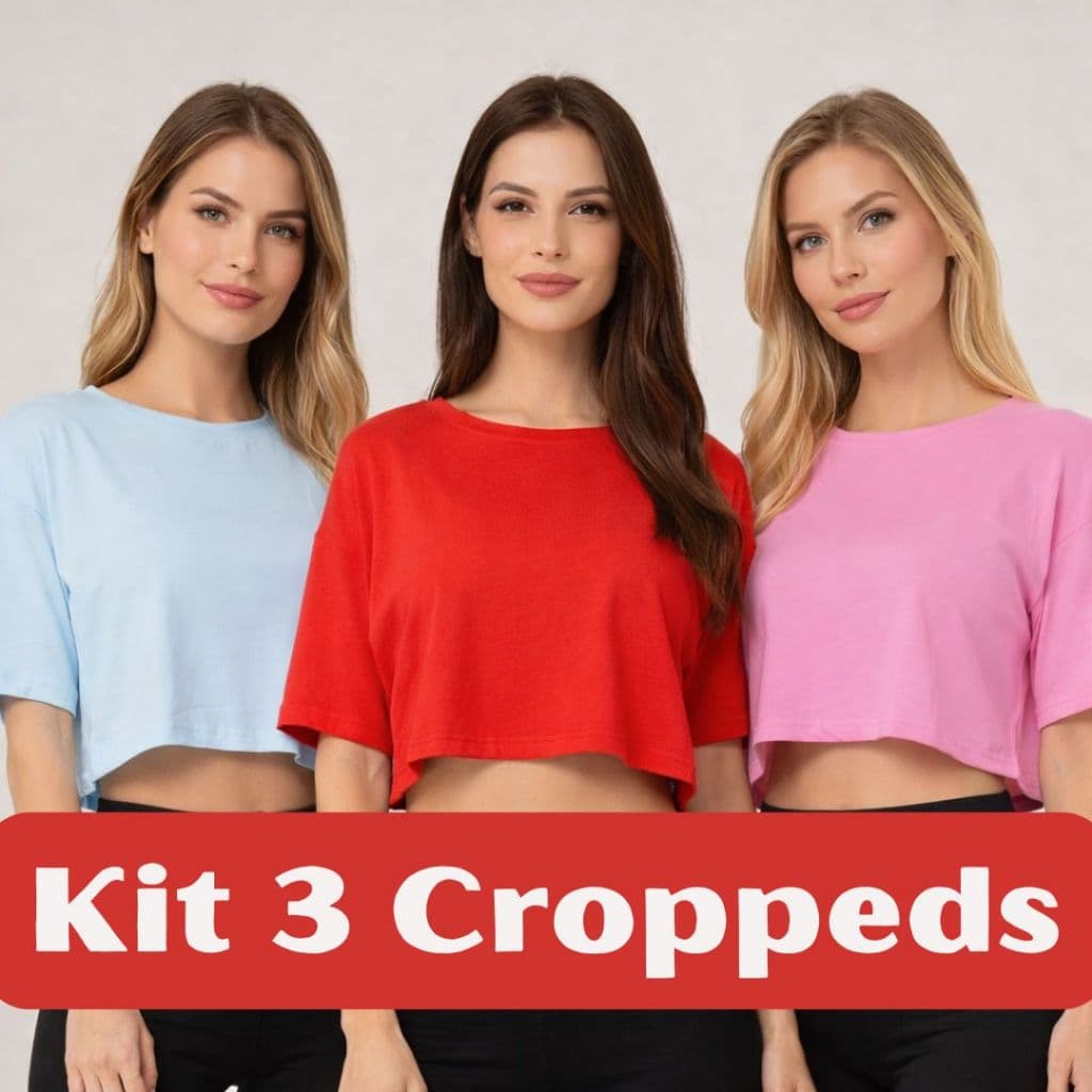 Blusas curtas femininas | Kit 3 Croppeds com manga curta | Cores aleatórias