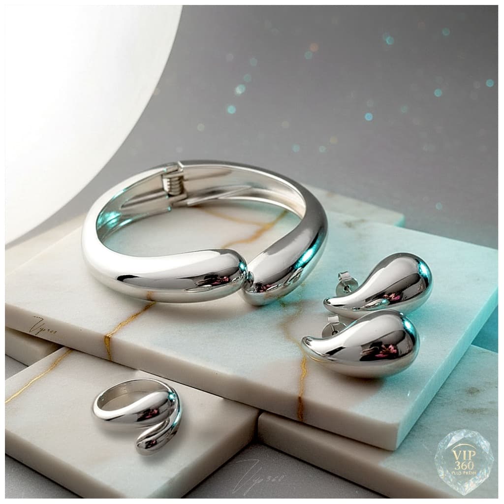 Conjunto Feminino Orgânico Gota Água Dourado ou Prata – Anel, Bracelete e Brincos Bijuteria Elegante