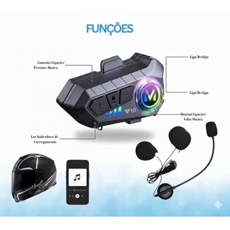 Fone De Ouvido Para Capacete Bluetooth Y10 A Prova D'água Intercomunicador