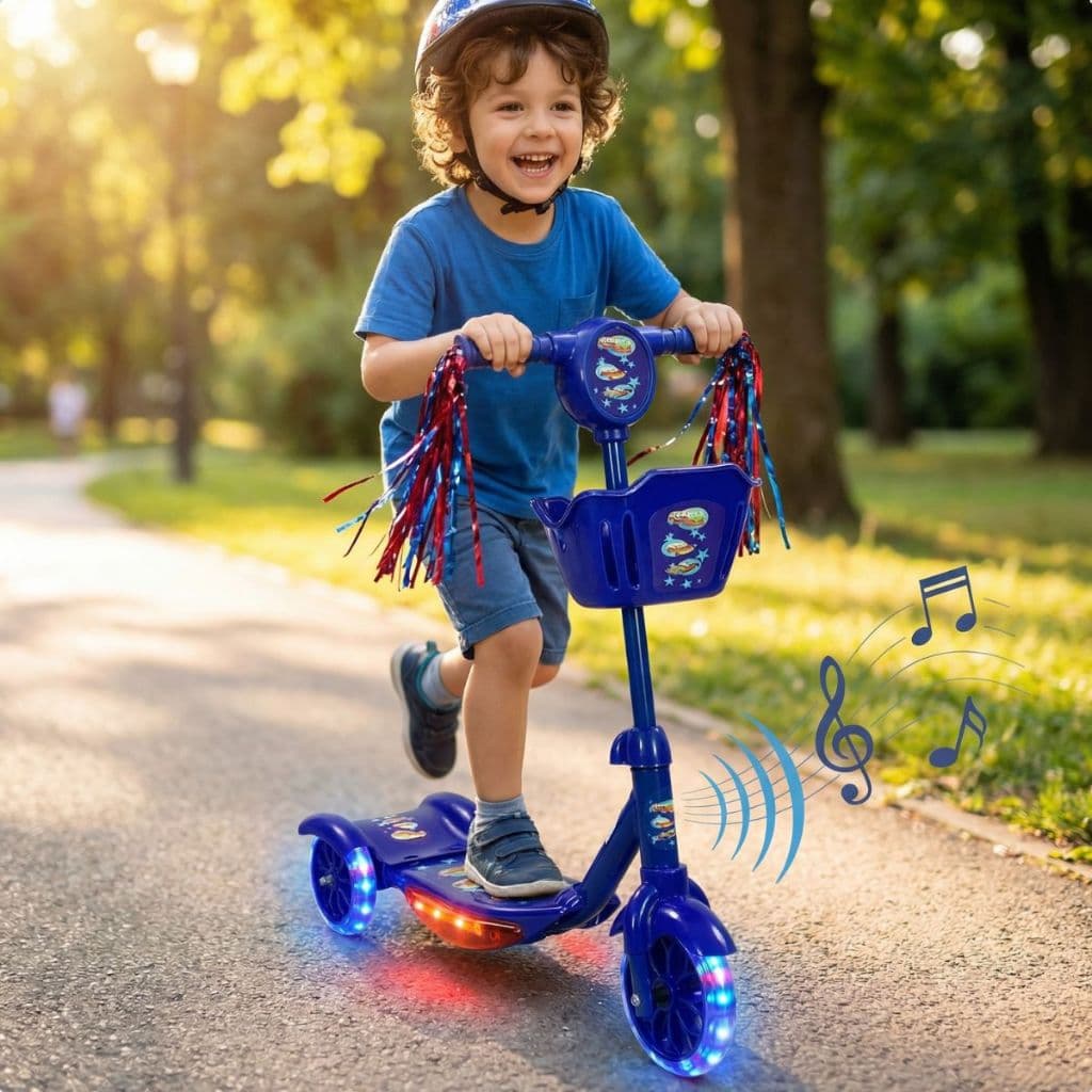 Patinete 3 Rodas Azul Infantil Brilhante Com Luz E Som Cestinha Presente Criança Menina