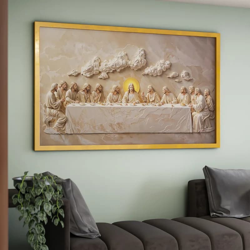 Quadro decorativo ceia, santa ceia moderna, branca e dourada, religião, fé, fartura, deus,  madeira.