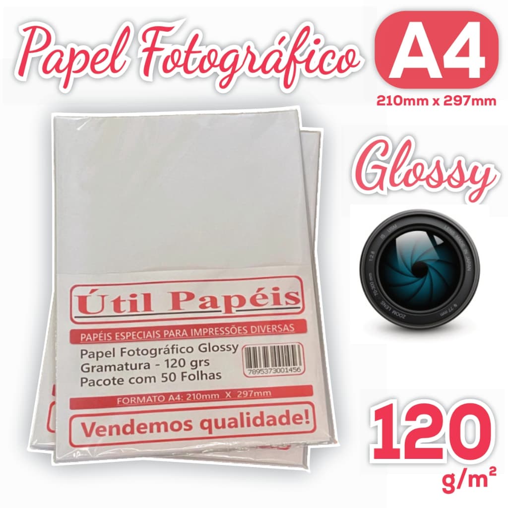 Papel Fotográfico A4 120g 50 Folhas -  Brilhante High Glossy Premium P/ Jato de Tinta e Laser