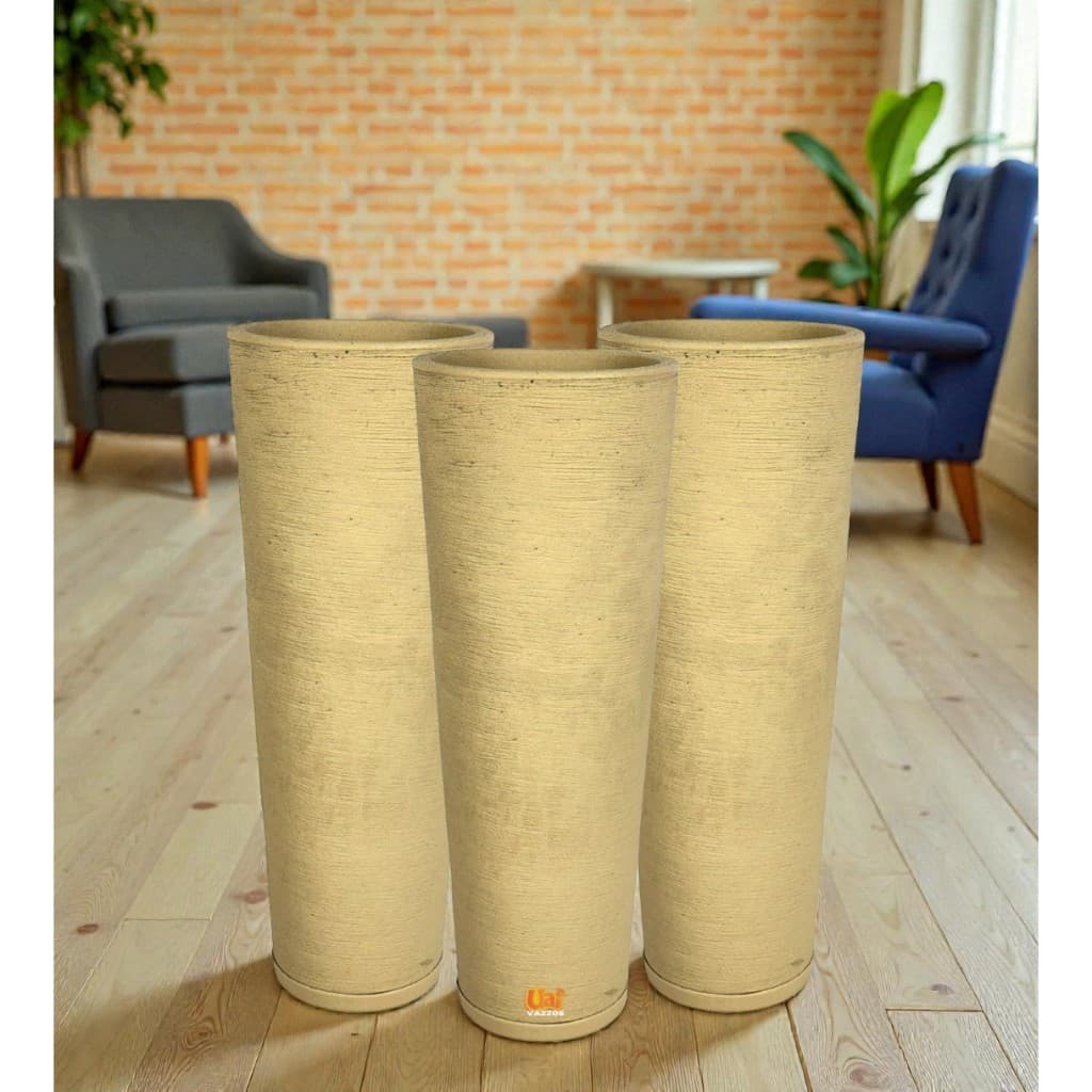 Kit 3 Vasos P/Planta Pilão Ibiza Classic Texturizada P (59X21) N1 Decoração Casa Jardim C/Prato