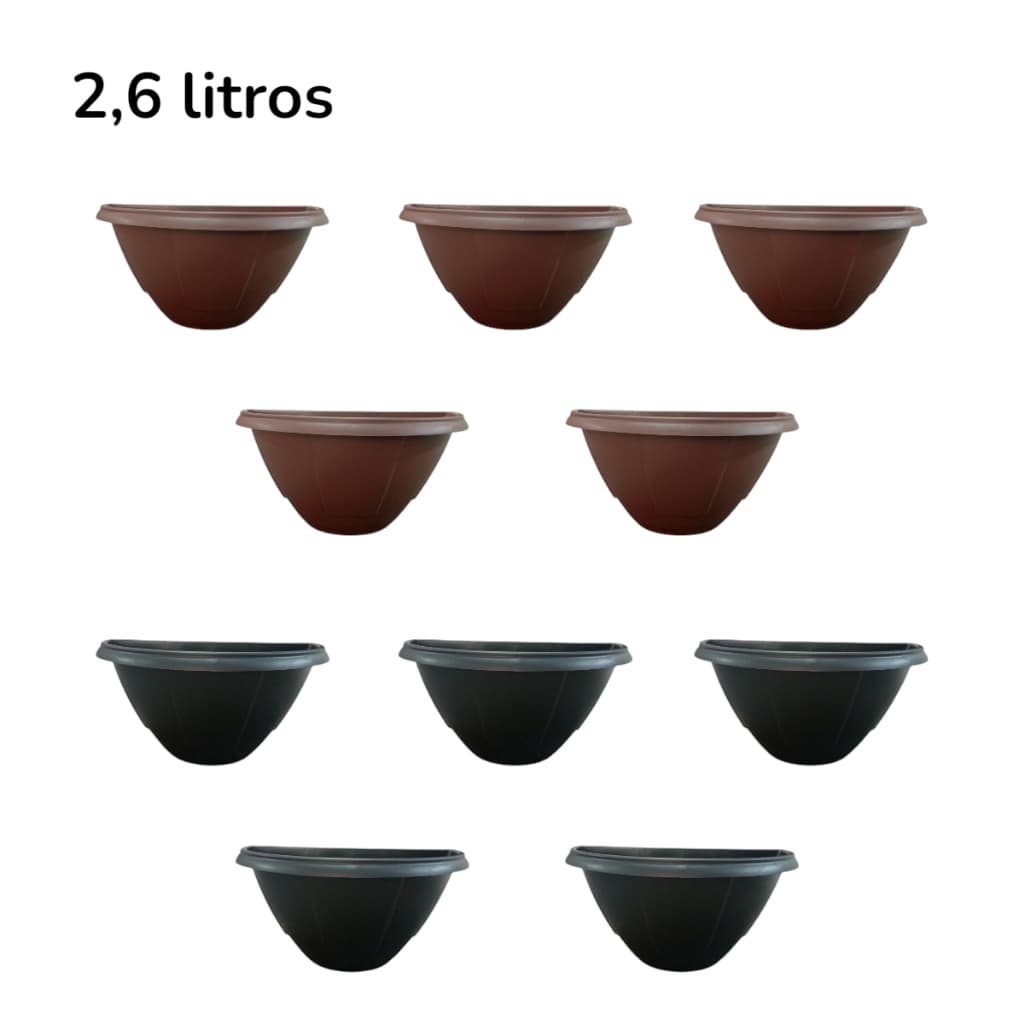 Jogo 10 Vasos de Parede Meia Lua 2,6 litros em Plástico p/ Plantas Flores Jardim Vertical