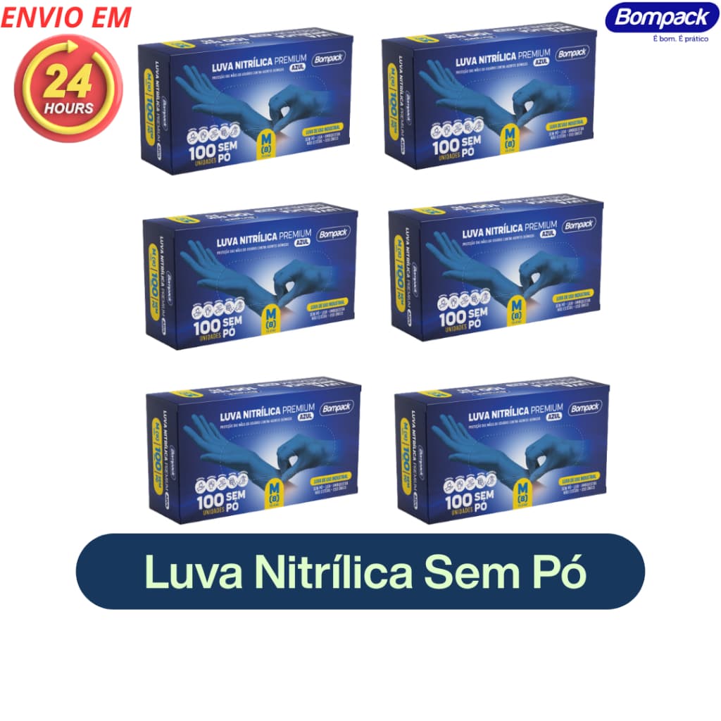 Luva Nitrílica Bompack Premium Azul Sem Pó Tam M Caixa com 100 Unidades Alta Resistência
