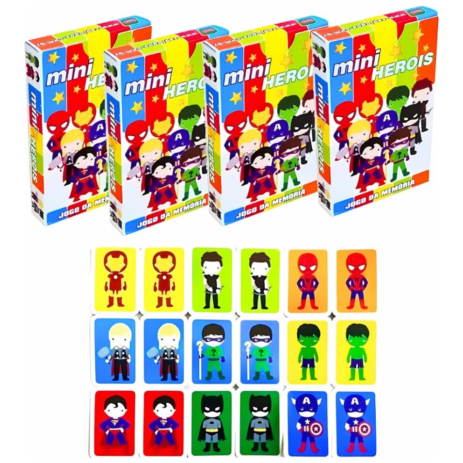 Kit com 3 até 30 Caixinhas Jogo da Memória Heróis Brinquedo Educativo para Crianças e Festa