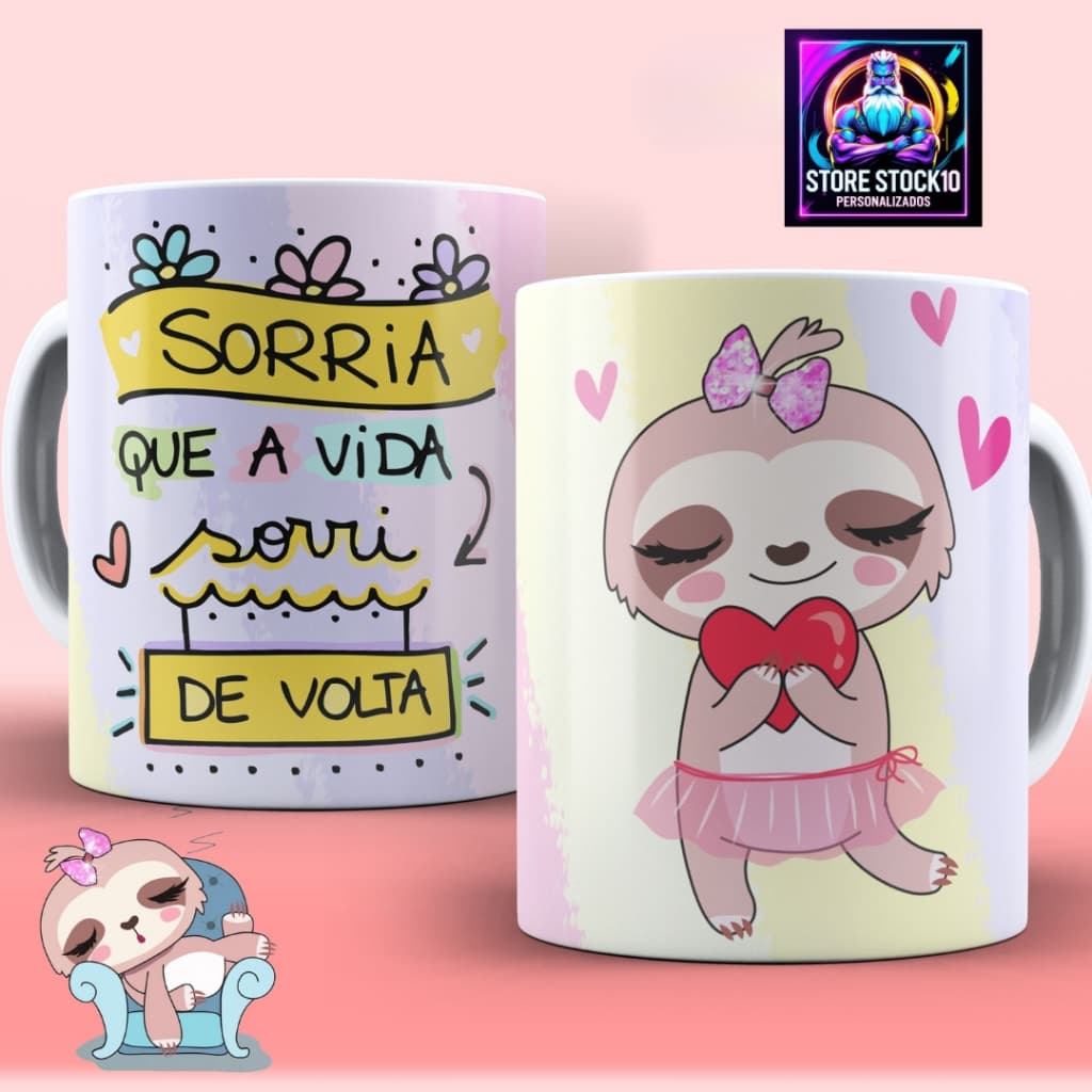Caneca De Porcelana 325ml Preguiça Motivacional Frase Sorria Que a Vida Sorri De Volta