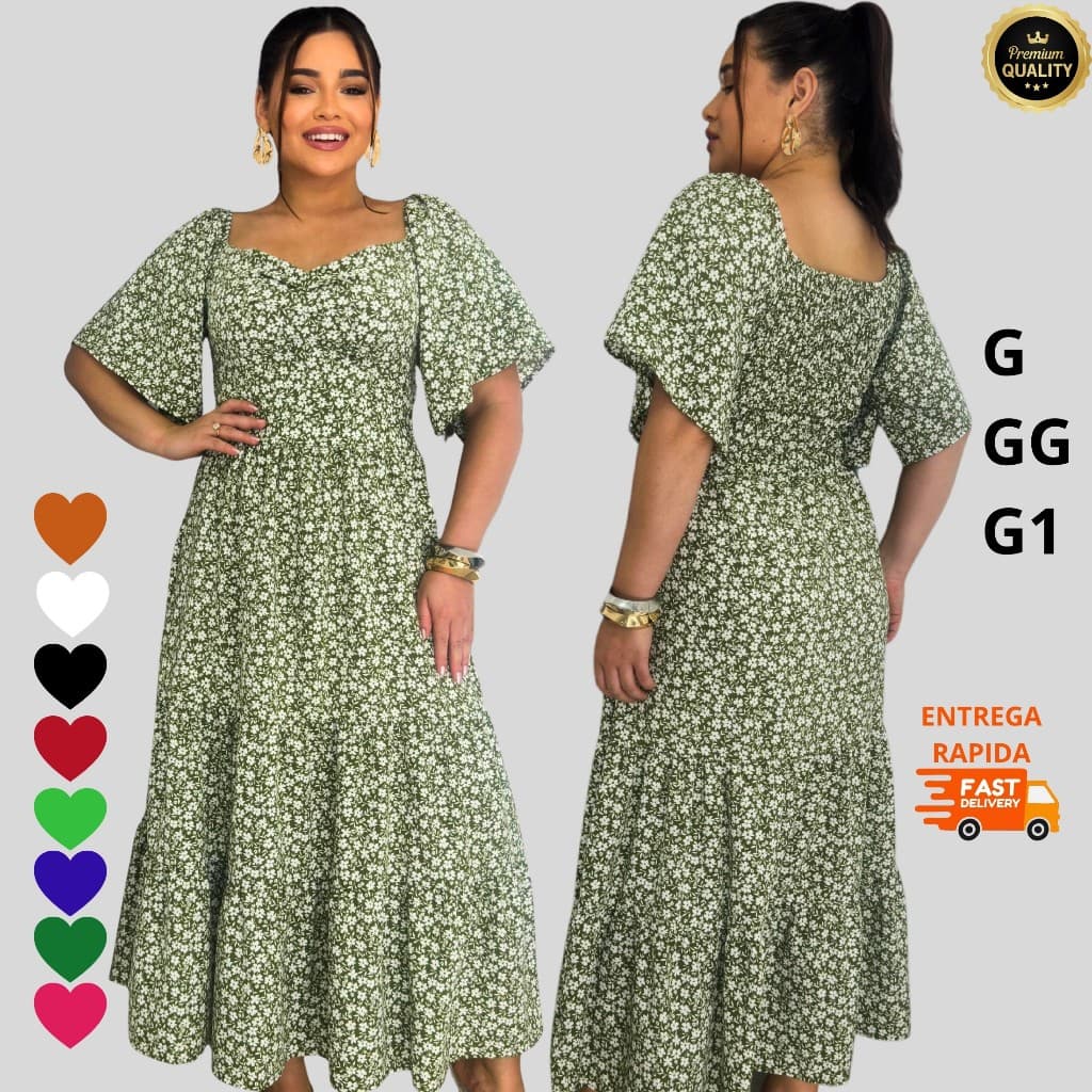 Vestido Floral Feminino com Ajuste em Látex na Cintura – Manga Curta Plus Size Tamanho G GG G1
