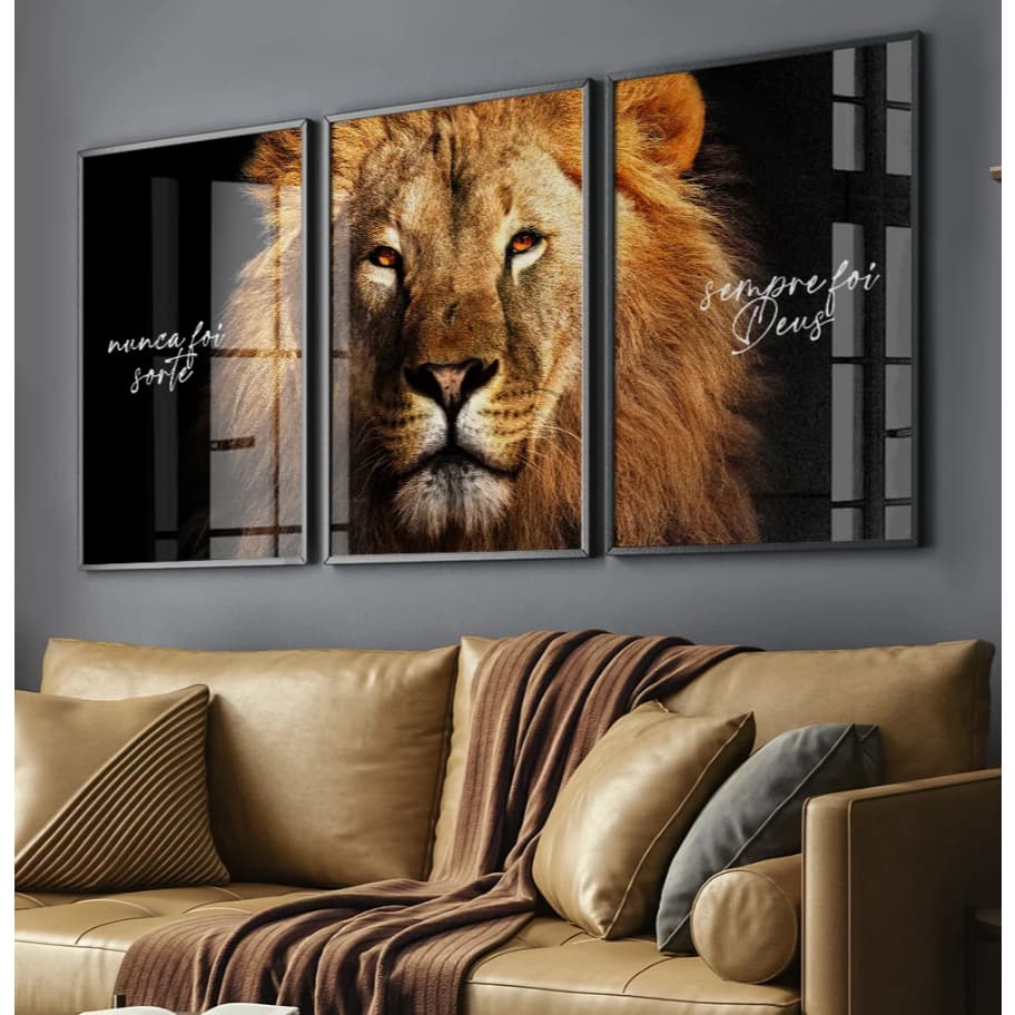 Quadro Decorativo Kit Trio Leão Grande Nunca Foi Sorte Sempre Foi Deus