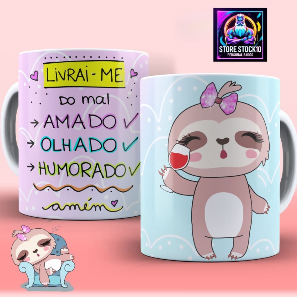 Caneca De Porcelana 325ml Preguiça Motivacional Frase Livrai me Do Mal