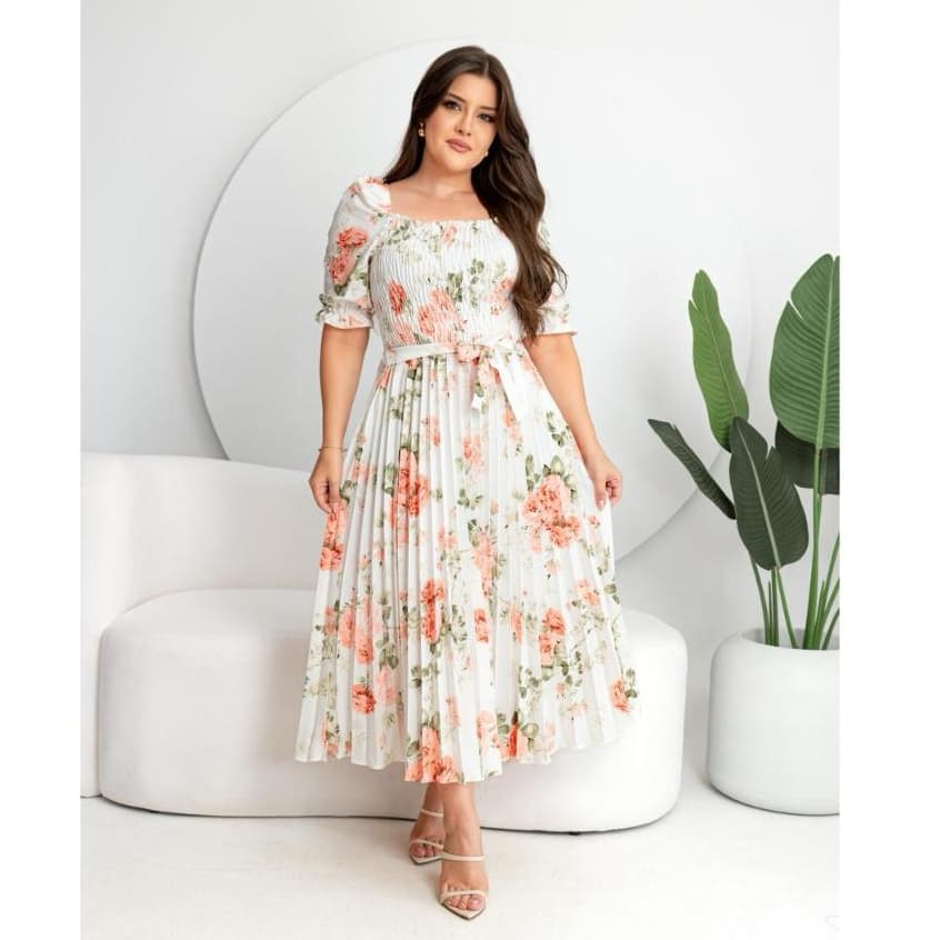 Vestido Midi Plissado Feminino  Manga Curta Bufante Con Elástex com Estampa Floral