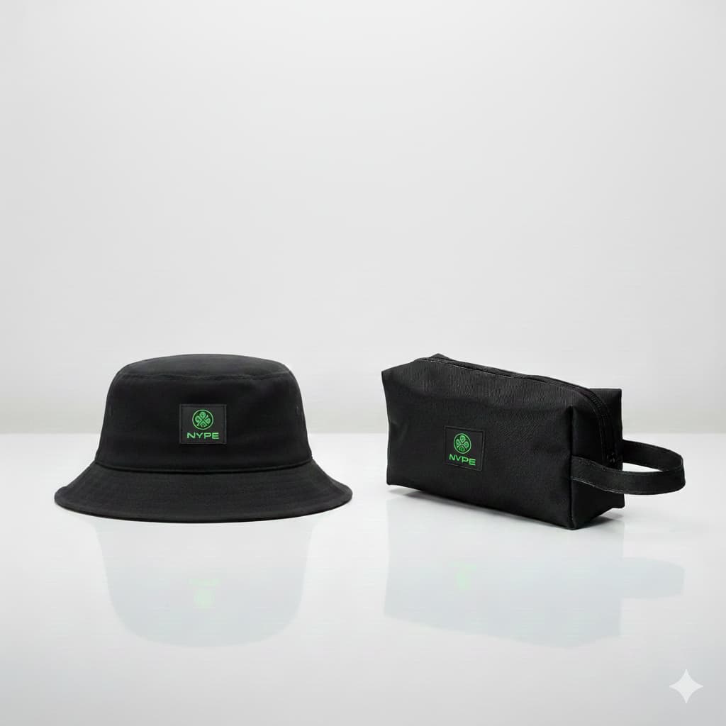 Kit Premium NYPE -Chapéu Bucket Hat Preto E Nécessaire Organizadora
