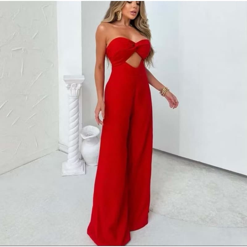 Macacão Longo Feminino Tomara Que Caia Estiloso Pantalona Com Bojo E amarração Nas Costas Elegante
