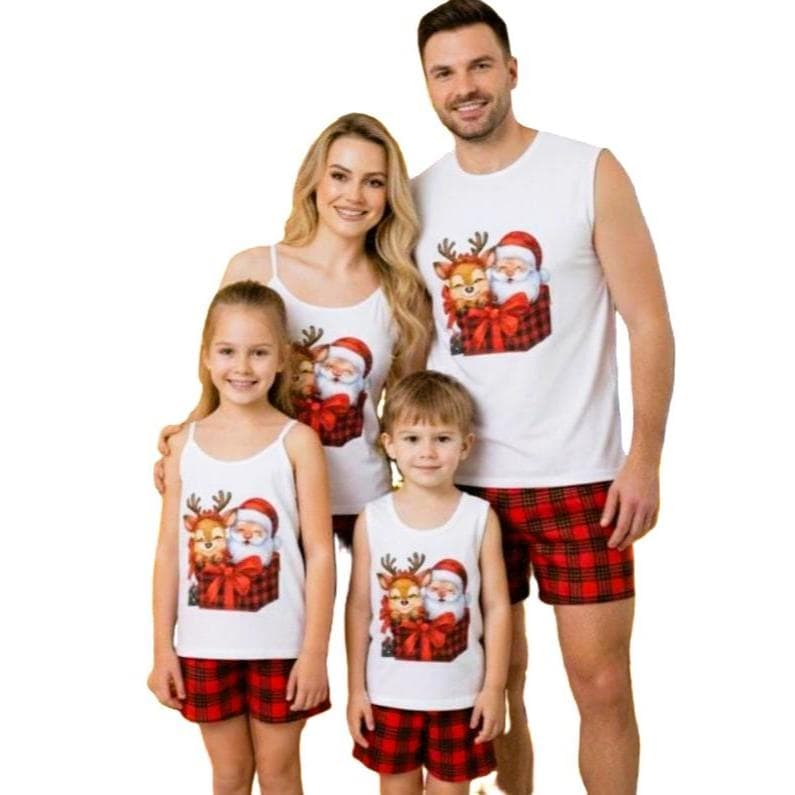 Kit Pijama Natal Família Papai Noel e Rena - Feminina Menina Alcinha - Masculino Menino Regata LF103