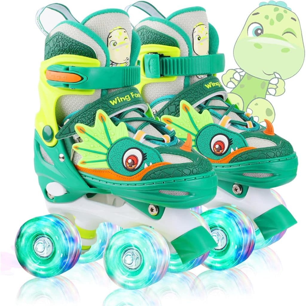 Patins 4 Rodas Com Led Patins Infantil Dino + Kit Proteção