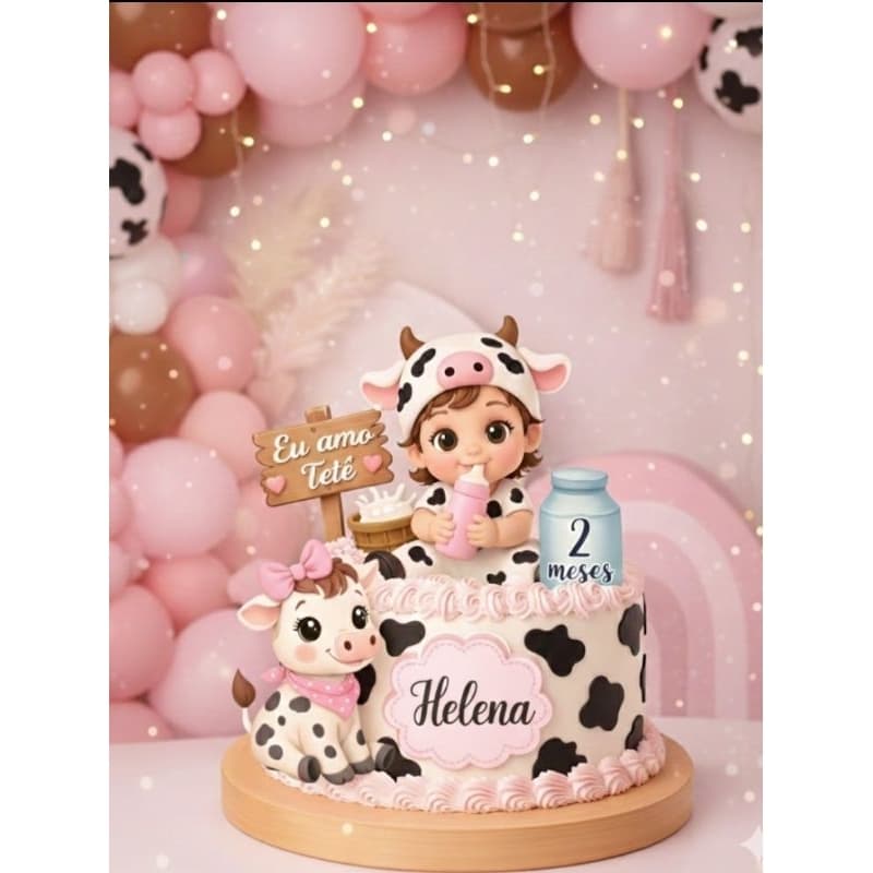 Topo de Bolo Fazendinha Rosa Menina | Tema Vaquinha | Mesversário | Topo de Bolo Personalizado | festa infantil vaquinha