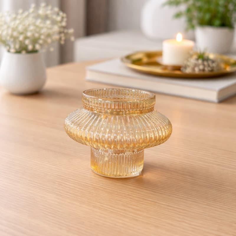 Castiçal Porta Vela de Vidro Âmbar Redondo Decoração Sala Mesa 6x8cm