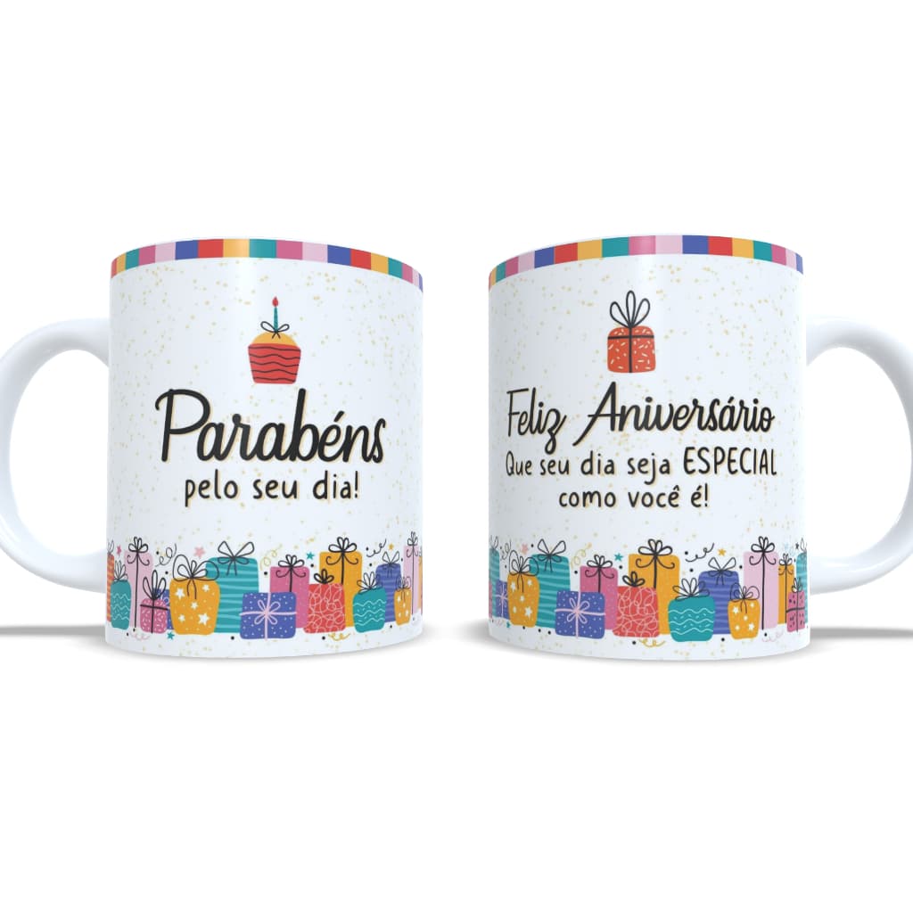 Caneca Xícara Feliz Aniversário 325 ml Porcelana