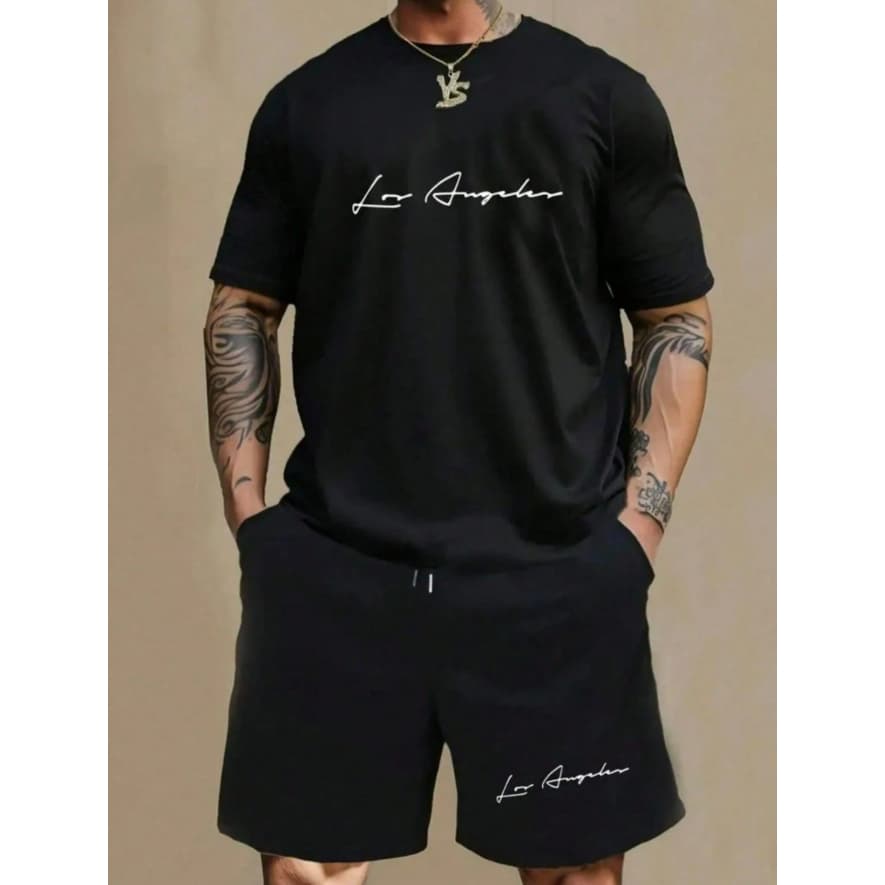 Kit Conjunto Masculino Camiseta Los Angeles 100% Algodão + Short Tactel Verão