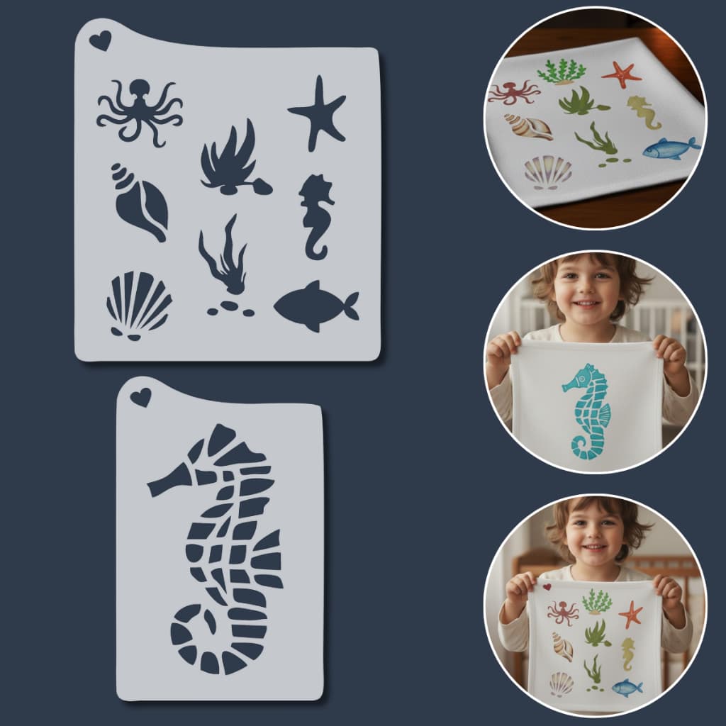 Kit 2 Stencil Moldes Animais Marinhos Infantil para Pintura, Artesanato, Tecido Praia Fundo do Mar